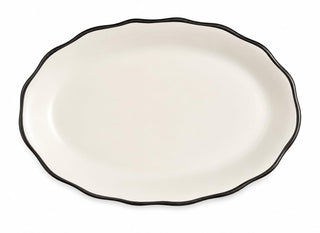 Glownary Oval Stoneware Platter, 11 5/8 x 8 1/2 Inch, Ivory with Black Band, Scalloped Edge, Wide Rim, 12 per Case