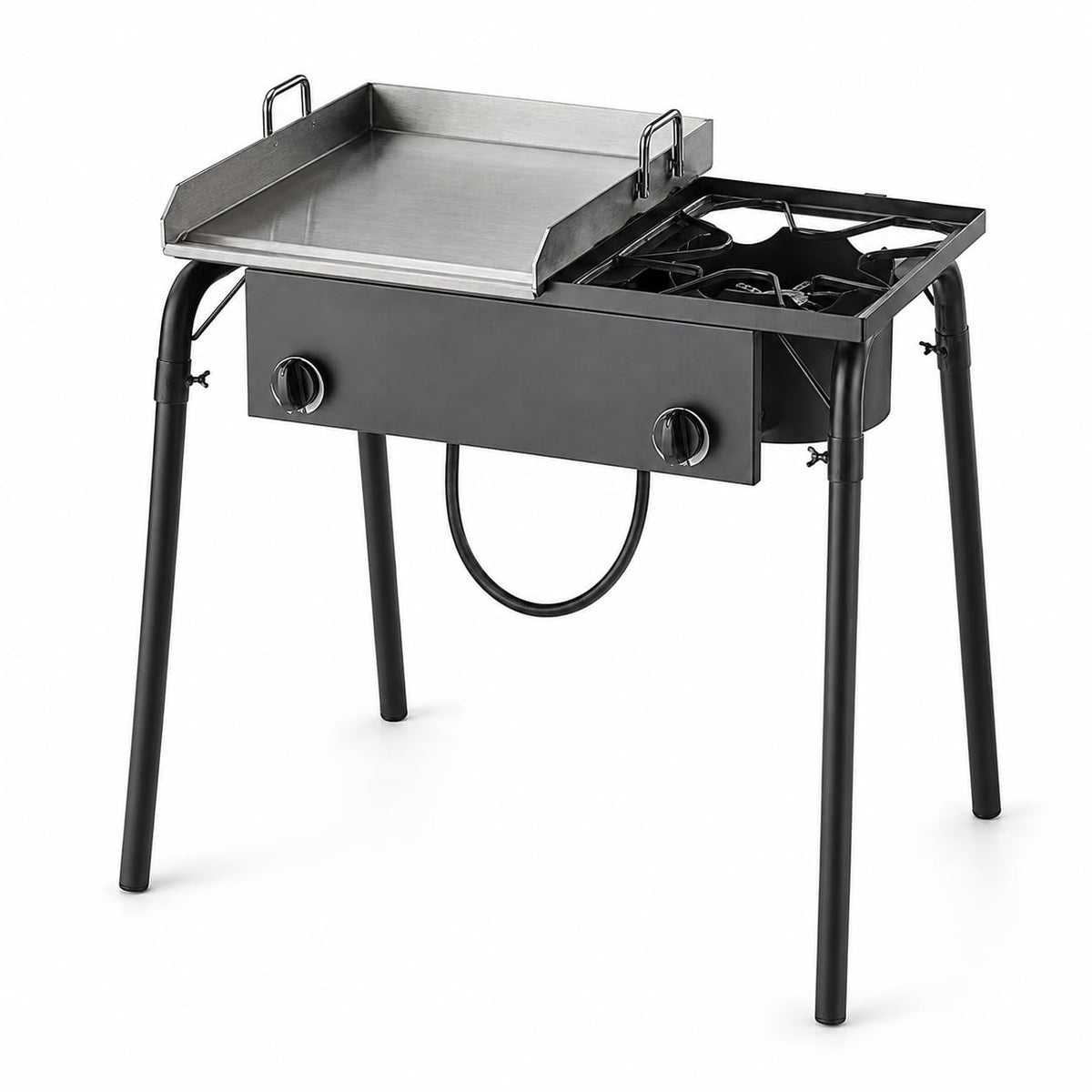 Glownary 32-Inch Double Burner Outdoor Range, 150,000 BTU, Steel Construction, Silver, with 15-Inch Griddle Plate, Propane Powered, Portable Cooking Station