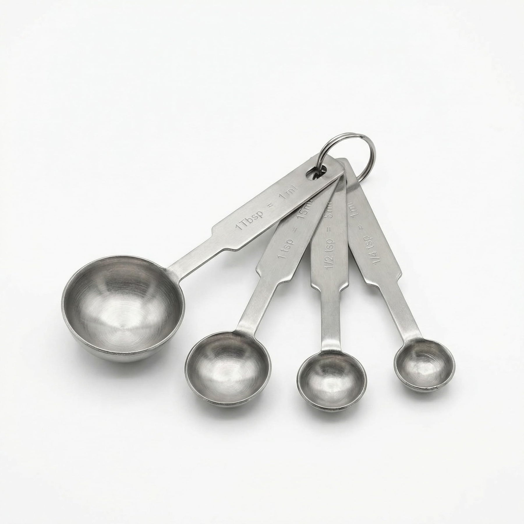 Glownary 4-Piece Stainless Steel Measuring Spoon Set, Silver, Round Shape, Dishwasher Safe, with Storage Ring, for Dry and Liquid Measuring