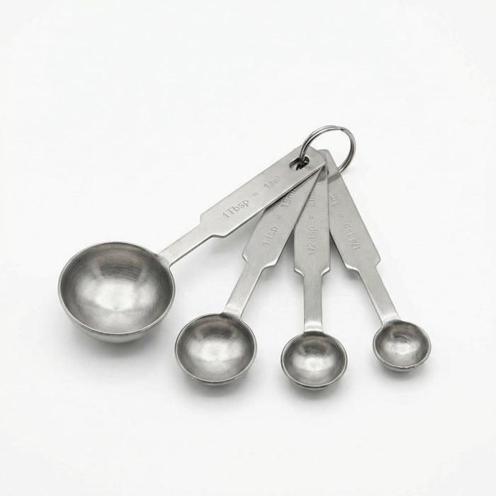 Glownary 4-Piece Stainless Steel Measuring Spoon Set, Silver, Round Shape, Dishwasher Safe, with Storage Ring, for Dry and Liquid Measuring