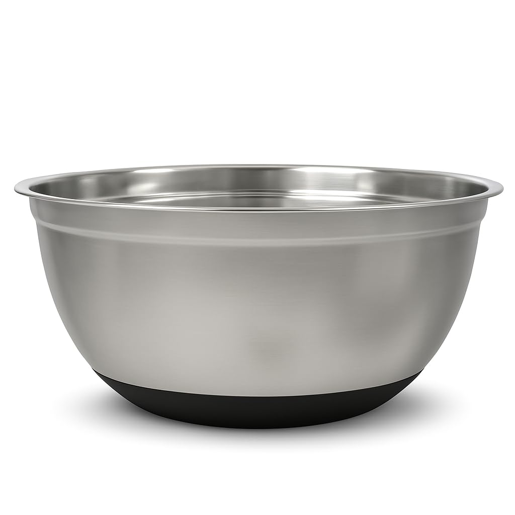 Glownary 30 Qt Stainless Steel Mixing Bowl with Non-Slip Silicone Bottom, Round, Stackable, Mirrored Finish, 19.75 x 8.69 Inch, Silver and Black