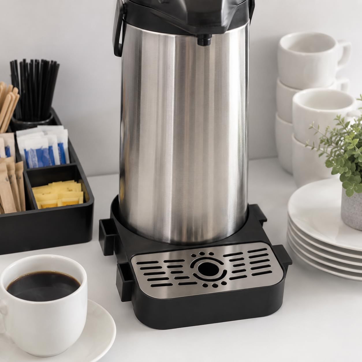 Glownary 7 x 10 Inch Modular Airpot Rack, Black Plastic and Stainless Steel, Built-in Drip Tray, Rectangle Shape, for Coffee Shop and Catering Service view 2