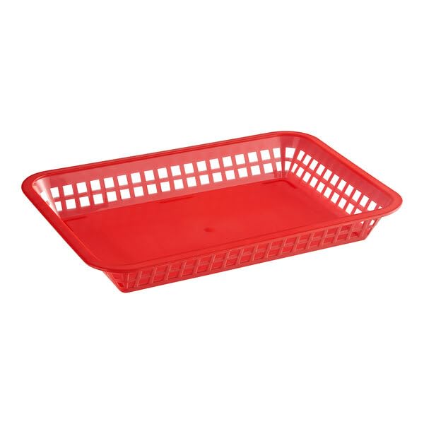 Plastic Rectangular Fast Food Basket, Red, 12 x 8.5 x 1.5 Inches, Stackable, Dishwasher Safe, Microwavable, 12 Pack