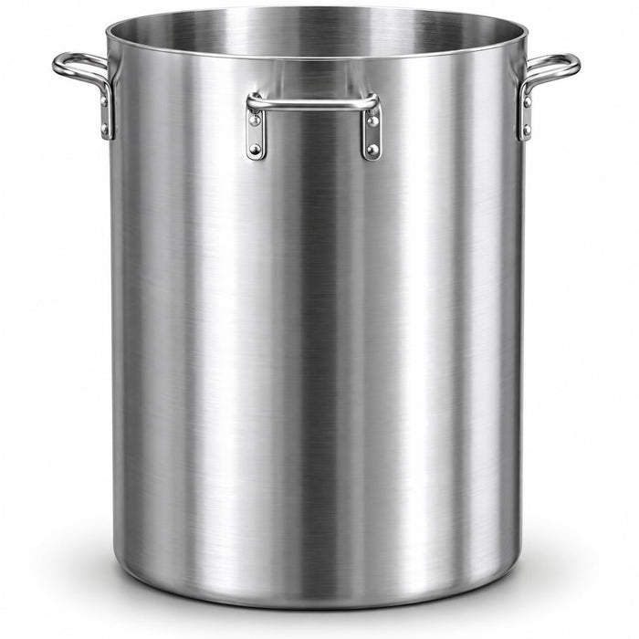 200 Qt Heavy Weight Aluminum Stock Pot, Silver, Round, 27.5 Inches Height, NSF Listed, Riveted Handles, Satin Finish