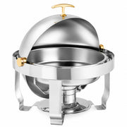 Glownary Supreme Round Chafer, 4 Qt Stainless Steel Roll Top with Gold Trim, Mirror Finish, 19 Inch Diameter, Silver