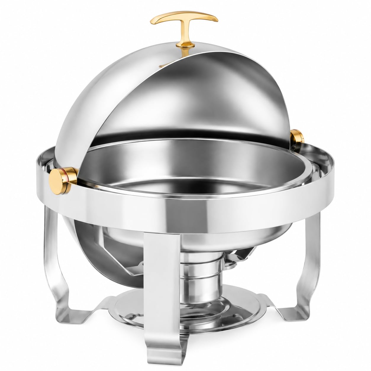 Glownary Supreme Round Chafer, 4 Qt Stainless Steel Roll Top with Gold Trim, Mirror Finish, 19 Inch Diameter, Silver