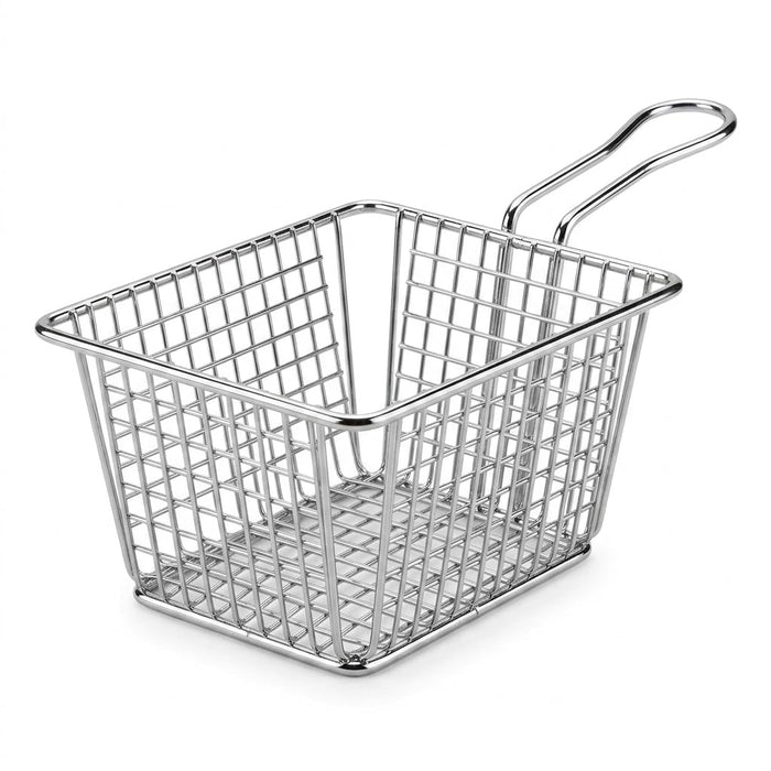 [12 Baskets] Chrome Rectangular Mini Fry Basket, Metal with Handle, 7 x 5 x 3 Inches, Silver, Dishwasher Safe, for Food Service Presentation
