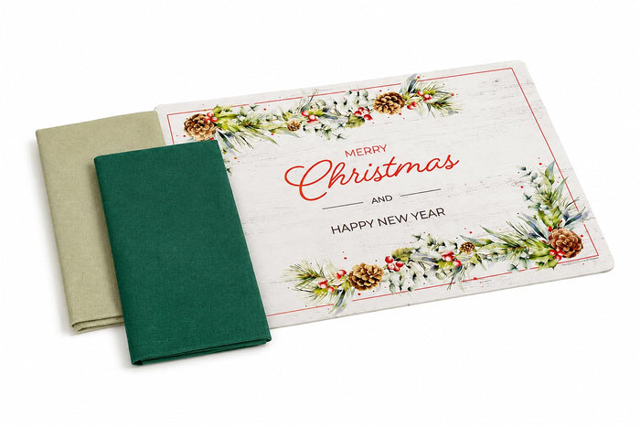 Glownary Holiday Placemat and Napkin Combo Pack, 10 x 14 Inch Paper Placemats, Multicolor Christmas Theme, 250 Placemats with 250 Green Napkins