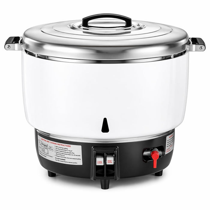 Commercial Gas Rice Cooker and Warmer, 110 Cup Capacity, White, Liquid Propane, 25000 BTU, Automatic Shutoff, 17.1 x 20.2 Inch