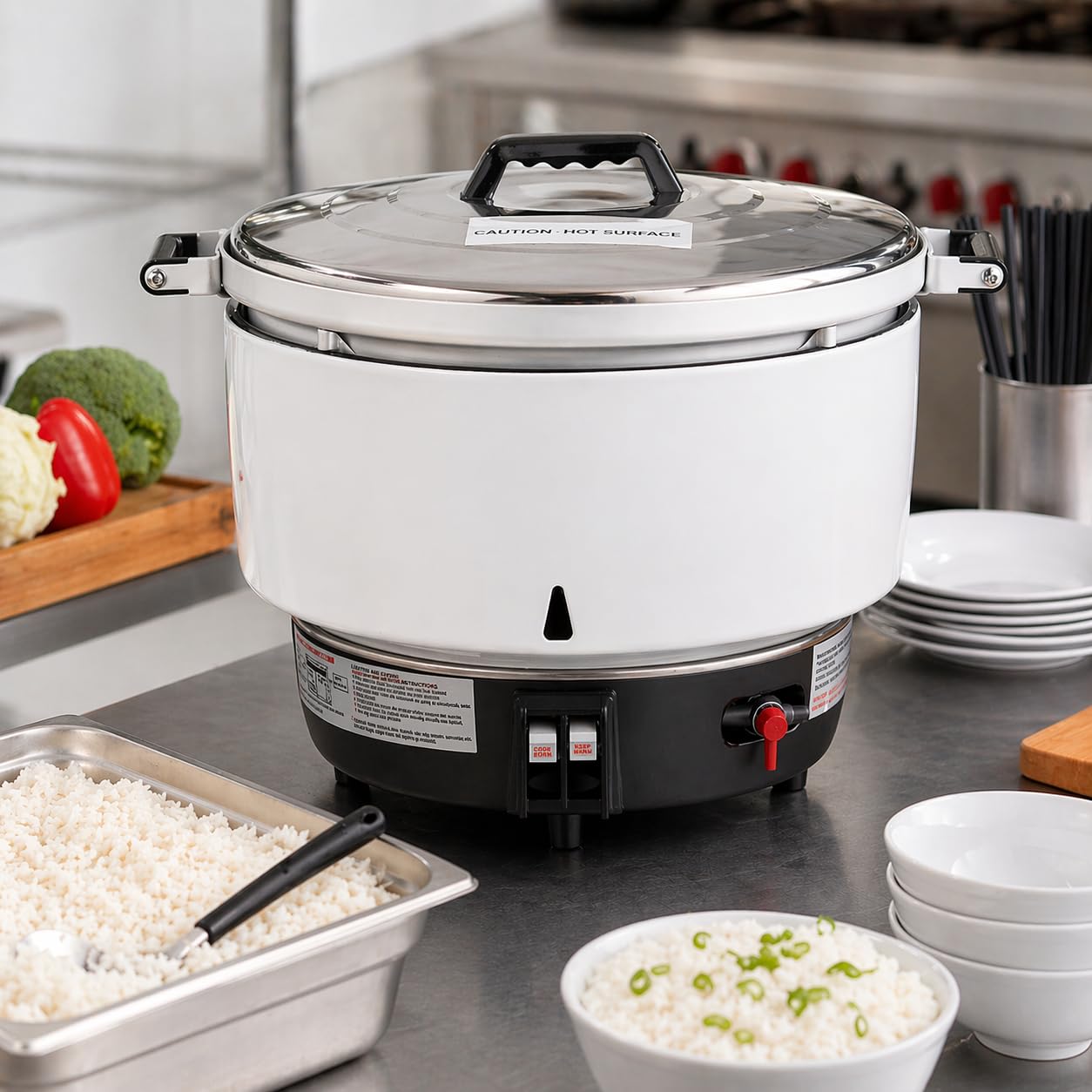 Commercial Gas Rice Cooker and Warmer, 110 Cup Capacity, White, Liquid Propane, 25000 BTU, Automatic Shutoff, 17.1 x 20.2 Inch view 2