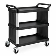 3-Shelf Utility Bus Cart, Black Plastic, 38 x 20 Inches, 450 lb Capacity, with Side Panels and Casters, for Restaurant Service