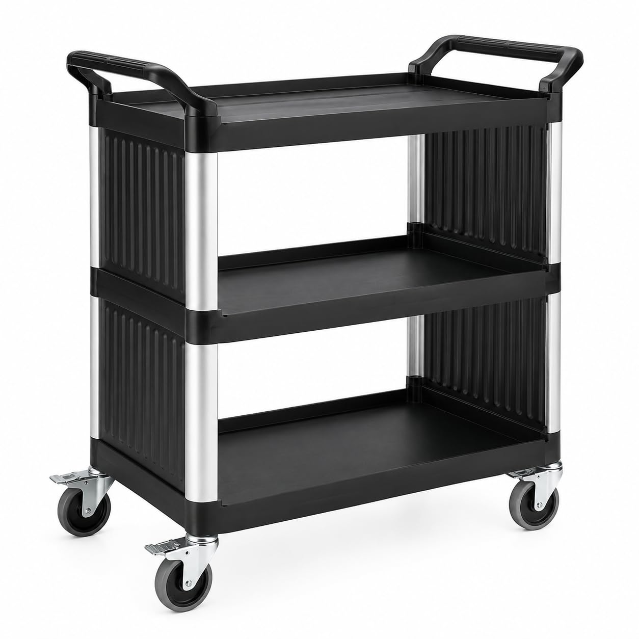 3-Shelf Utility Bus Cart, Black Plastic, 38 x 20 Inches, 450 lb Capacity, with Side Panels and Casters, for Restaurant Service