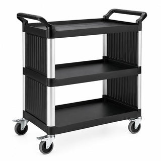 3-Shelf Utility Bus Cart, Black Plastic, 38 x 20 Inches, 450 lb Capacity, with Side Panels and Casters, for Restaurant Service