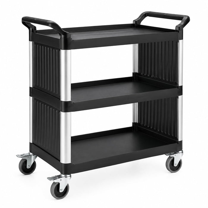 3-Shelf Utility Bus Cart, Black Plastic, 38 x 20 Inches, 450 lb Capacity, with Side Panels and Casters, for Restaurant Service