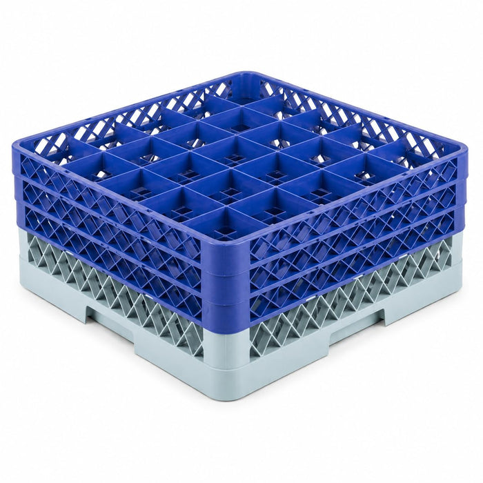 Glownary 25-Compartment Glass Rack, Gray Full-Size with 3 Blue Extenders, Plastic Construction, 19.25x19.25x8.94 Inches, for Beverage Glasses Storage and Washing