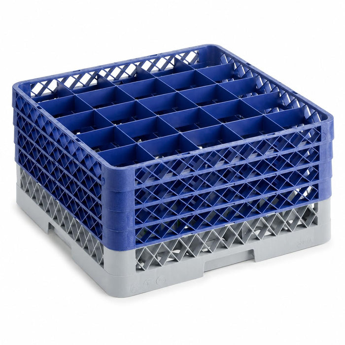 Glownary 25-Compartment Glass Rack, Gray Plastic, Full-Size 19.25x19.25x10.625 Inches, with 4 Blue Extenders, for Wine and Champagne Glasses