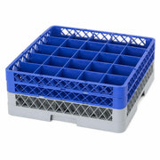 Glownary 25-Compartment Glass Rack, Gray Full-Size with 2 Blue Extenders, Plastic, 19.25x19.25x7.25 Inches, for Beverage Glasses Storage and Washing