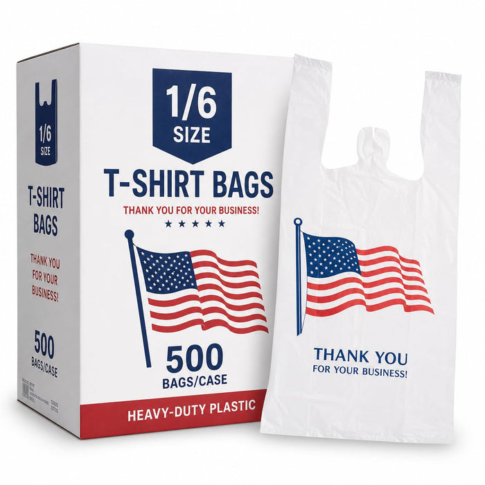 Glownary American Flag Thank You Plastic T-Shirt Bags, 1/6 Size Heavy-Duty White Shopping & Takeout Bags, Patriotic 4th of July Retail, Grocery & Restaurant Carryout Bags, 500/Case