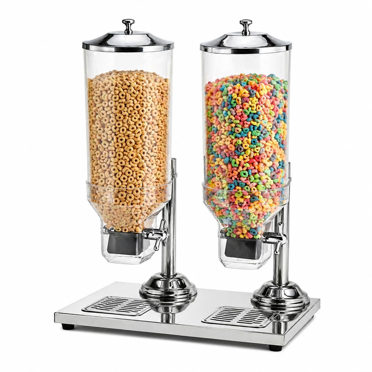 Glownary Commercial Stainless Steel Double Cereal Dispenser, 8L Capacity per Canister, Clear Cylinder, Countertop Style, Self-Service, 21x14x26 Inches
