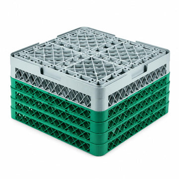 Glownary 36-Compartment Glass Rack, Gray Full-Size with 3 Green Extenders, 19.25x19.25x8.94 Inches, Stackable Plastic Storage for Beverage, Wine, Beer Glasses