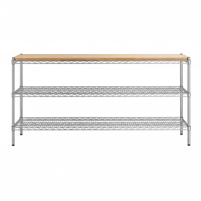 Glownary Chrome 3-Shelf Storage Kit, 18 x 72 x 34 Inches, Silver Steel Wire with Wood Shelf, 450 lb Capacity per Shelf, Adjustable Stationary Shelving for Warehouse, Kitchen, Retail
