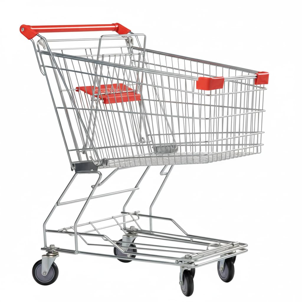 Glownary Supermarket Shopping Cart, 3.5 Cu. Ft., Silver Metal, 220 lb. Capacity, 33x20.5x38.25 Inches, with Child Seat