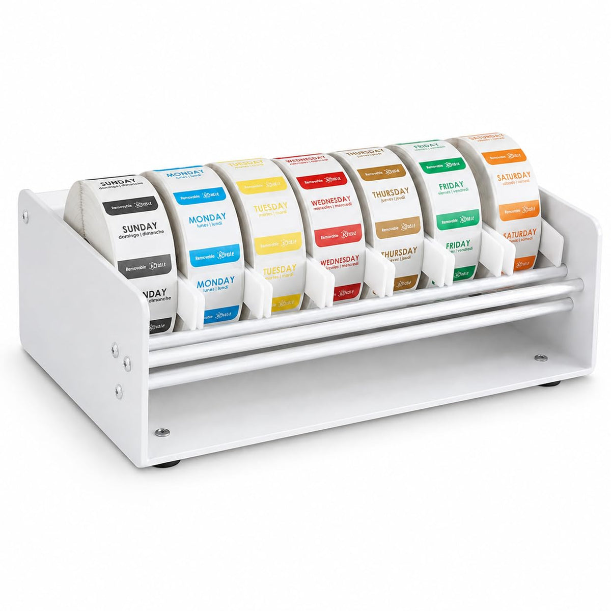 Glownary 7-Slot Label Dispenser with Dissolvable Day of the Week Labels, 1 Inch, Plastic, White, 1000 Labels per Roll