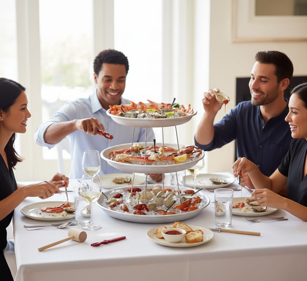 Glownary 3-Tier Round Aluminum Seafood Tower Set, Silver Display Stand with Large Trays for Catering, Smooth Finish, Hand Wash view 2