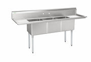 Glownary 90" Three Compartment Commercial Sink with 2 Drainboards, 18-Gauge Stainless Steel, 18" x 18" x 12" Bowls