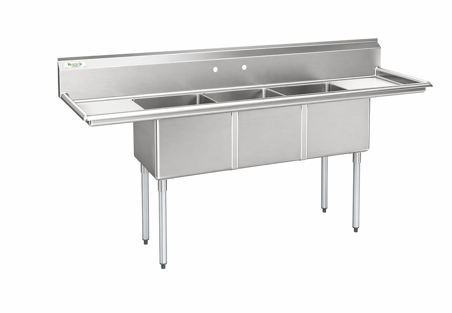 Glownary 90" Three Compartment Commercial Sink with 2 Drainboards, 18-Gauge Stainless Steel, 18" x 18" x 12" Bowls