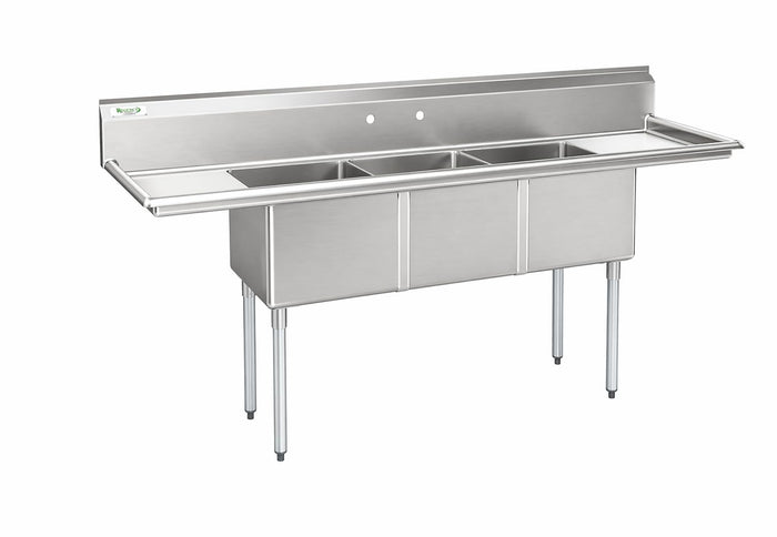 Glownary 90" Three Compartment Commercial Sink with 2 Drainboards, 18-Gauge Stainless Steel, 18" x 18" x 12" Bowls