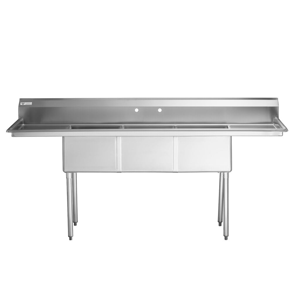 Glownary 90" Three Compartment Commercial Sink with 2 Drainboards, 18-Gauge Stainless Steel, 18" x 18" x 12" Bowls view 2