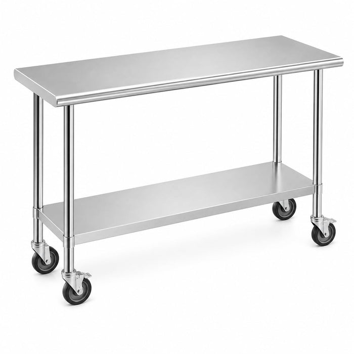 Glownary 24" x 60" Stainless Steel Work Table with Undershelf and Casters, 18 Gauge 430 Steel, Galvanized Legs