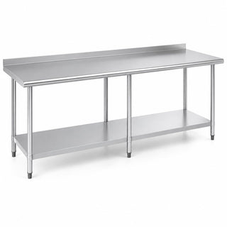 Glownary 24 x 96 Inch Stainless Steel Work Table, 18 Gauge 430 Grade, with Undershelf and 2 Inch Rear Upturn, Galvanized Legs, Commercial Kitchen Prep