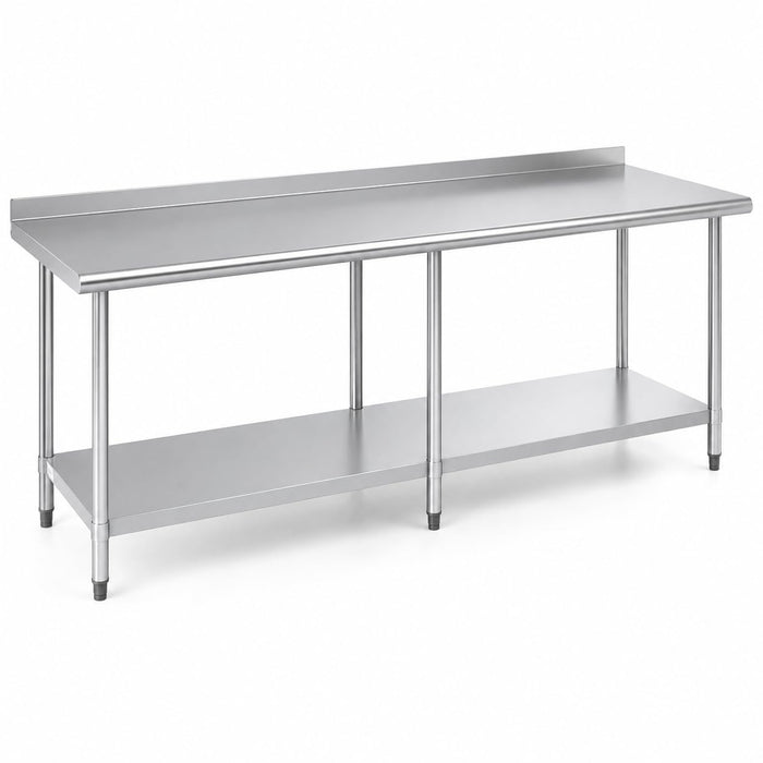 Glownary 24 x 96 Inch Stainless Steel Work Table, 18 Gauge 430 Grade, with Undershelf and 2 Inch Rear Upturn, Galvanized Legs, Commercial Kitchen Prep