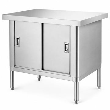 Glownary 30" x 36" Stainless Steel Work Table, 16 Gauge Type 430, Enclosed Base with Sliding Doors, Silver