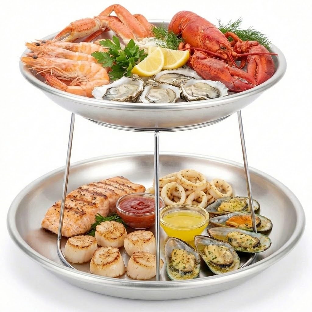 Glownary 2-Tier Seafood Tower Set with Stand, Aluminum, Round, Silver Finish, Small Trays, 13 Gauge