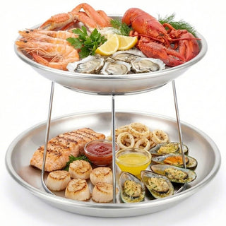 Glownary 2-Tier Seafood Tower Set with Stand, Aluminum, Round, Silver Finish, Small Trays, 13 Gauge