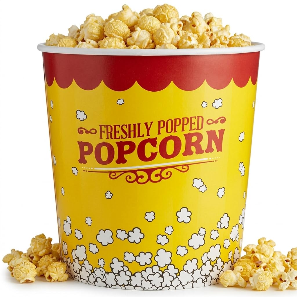 Glownary Popcorn Bucket, 130 oz, Multicolor, Grease Proof Paperboard, Round, Stackable, 150 Count