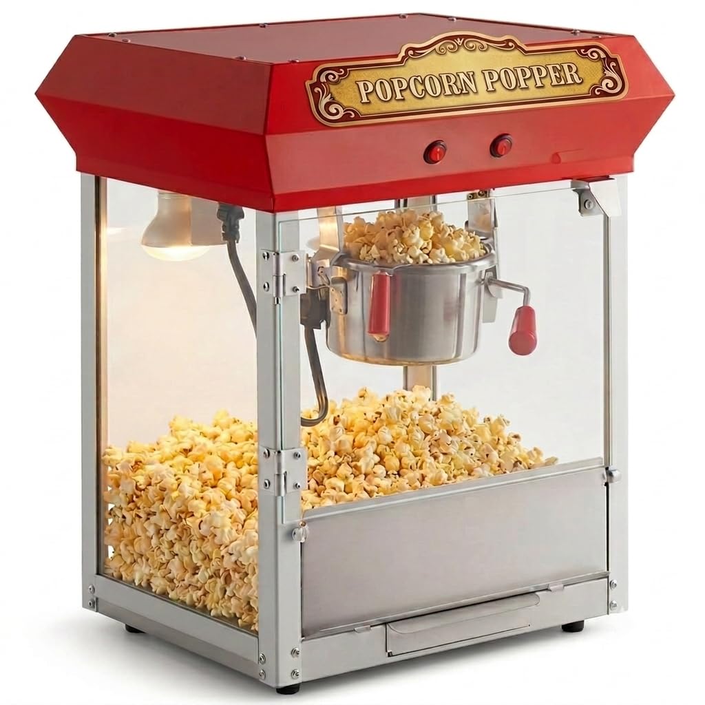 Glownary PM850 Commercial Popcorn Machine, 8 oz. Kettle, 850W, Red, Stainless Steel, Counter Style, 120V, Electric