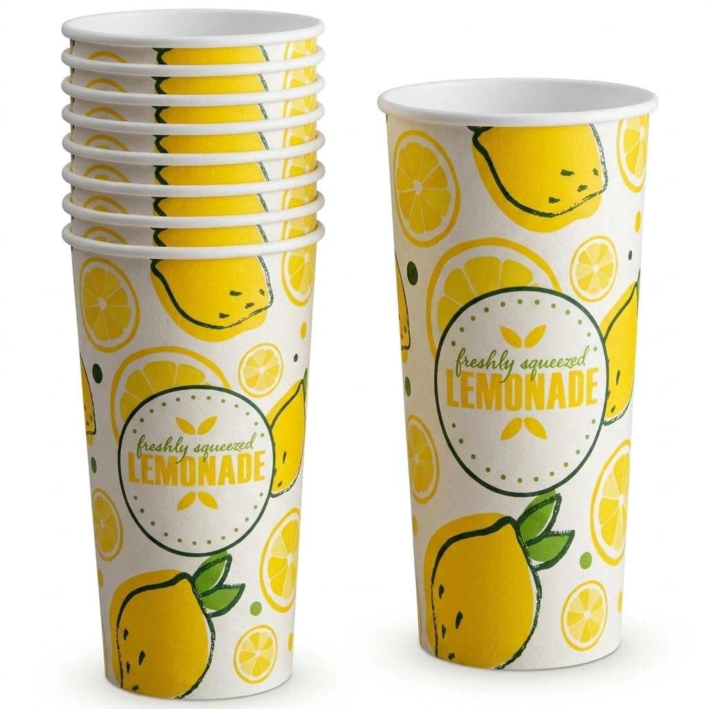 Glownary 32 oz. Poly Paper Lemonade Cup, White and Yellow, Disposable, Round, 500 Count