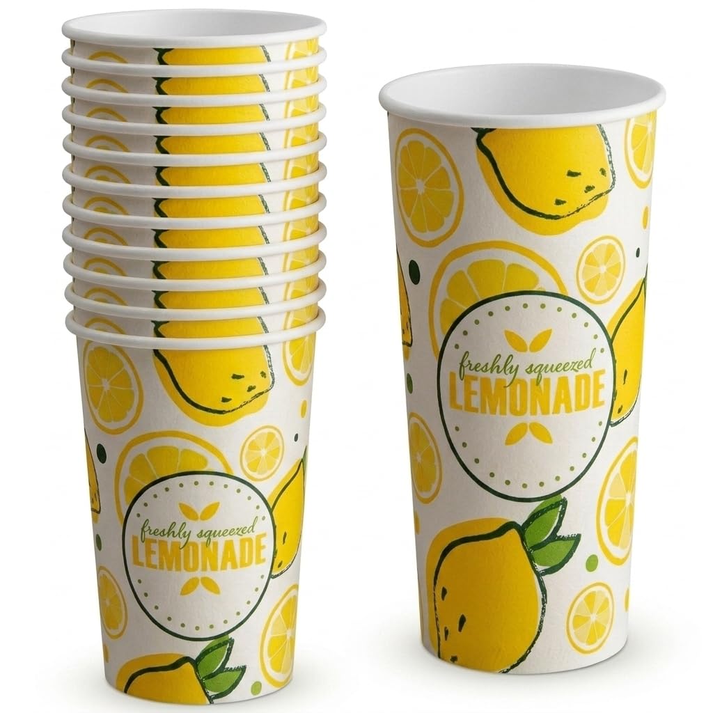 Glownary 22 oz. Poly Paper Lemonade Cup, White and Yellow, Disposable, Round, 1000 Count