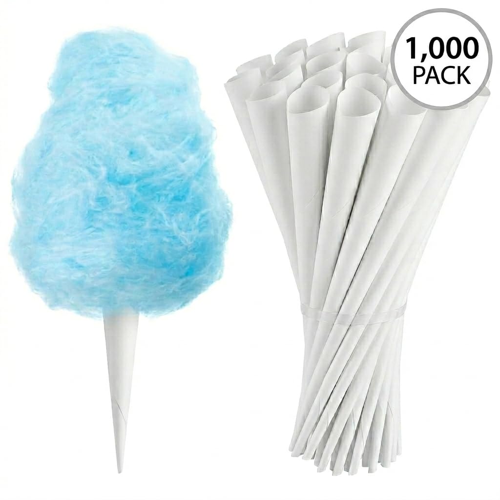 Glownary White Cotton Candy Cones, Paper, 1000 Count, Heavy-Duty, Triple-Wrapped Handle