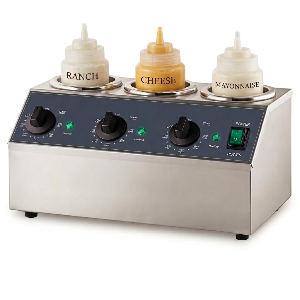 Glownary Triple Sauce Bottle Warmer, 32 oz Capacity, Stainless Steel, 600W Electric, 3 Compartments, 16x9x8 Inches, Includes 6 Squeeze Bottles