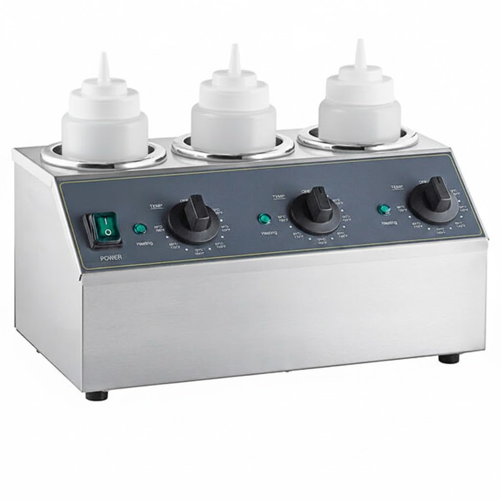 Glownary Triple Sauce Bottle Warmer, 32 oz Capacity, Stainless Steel, 600W Electric, 3 Compartments, 16x9x8 Inches, Includes 6 Squeeze Bottles view 2