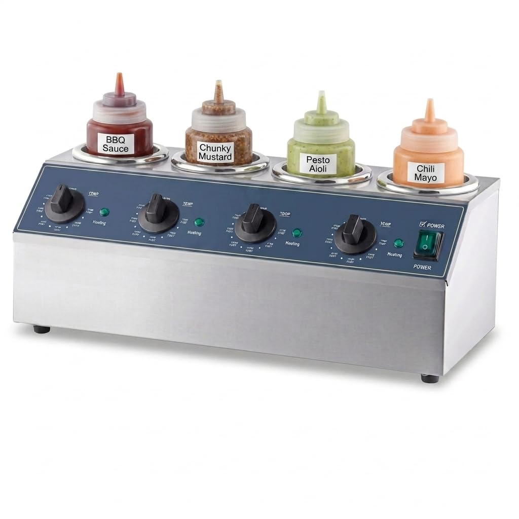 Glownary Quad Sauce Warmer, 4 Compartments, Stainless Steel, 32 oz Capacity, 800W Electric, 21x9x8 Inches, Includes 6 Squeeze Bottles