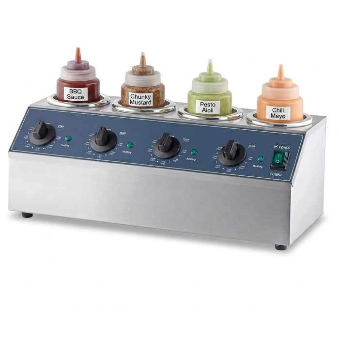Glownary Quad Sauce Warmer, 4 Compartments, Stainless Steel, 32 oz Capacity, 800W Electric, 21x9x8 Inches, Includes 6 Squeeze Bottles
