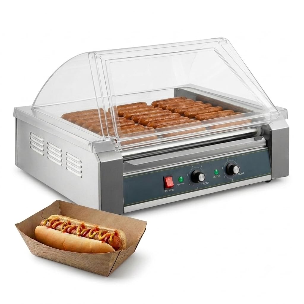 Glownary 24 Hot Dog Roller Grill with 9 Rollers and Sneeze Guard, Stainless Steel, Electric, 120V 1170W, HDRG24