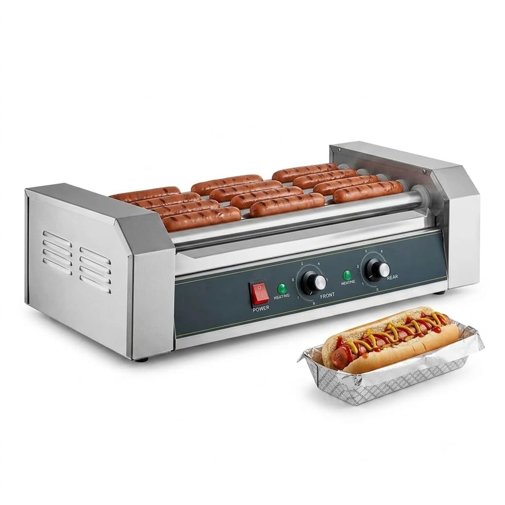 Glownary Hot Dog Roller Grill, 12 Hot Dog Capacity, 5 Stainless Steel Rollers, Electric, 650W, 22.5x10x7 Inches