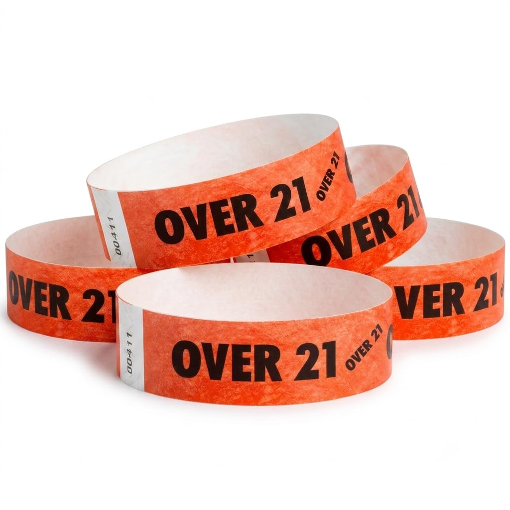 Glownary [2 Pack] Neon Red Over 21 Disposable Wristbands, Dupont Tyvek, 3/4" x 10", 500 Count